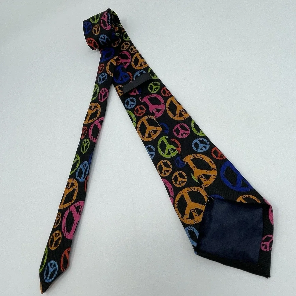 Mens Tie Black Peace Sign Rainbow Print Distressed Hippie Boho Novelty Polyester